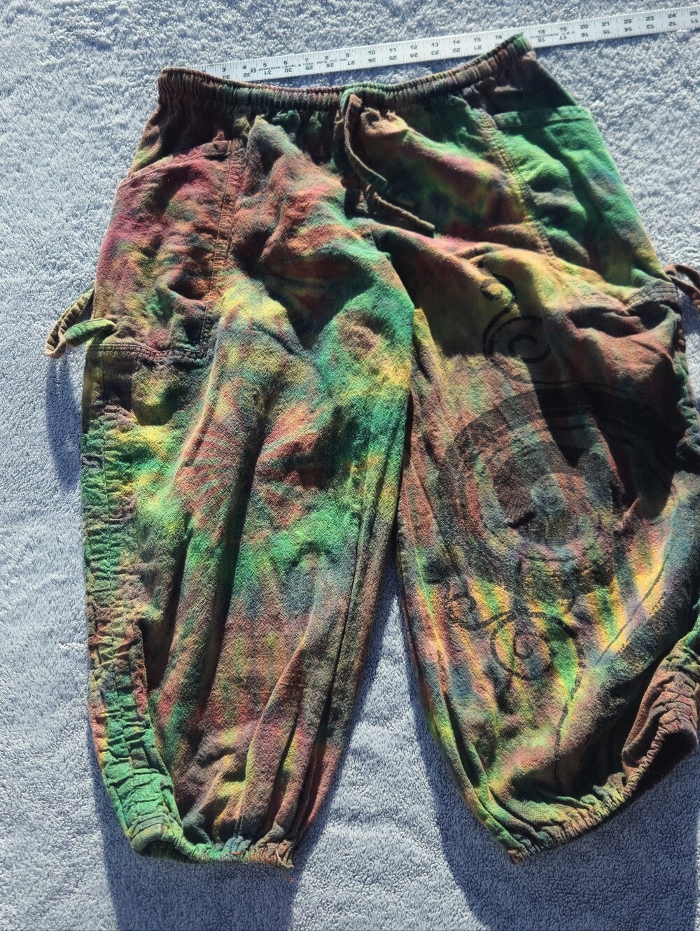 Vtg 100% Cotton Barkcloth Capri Pants Tye Dye Drawstring Waist